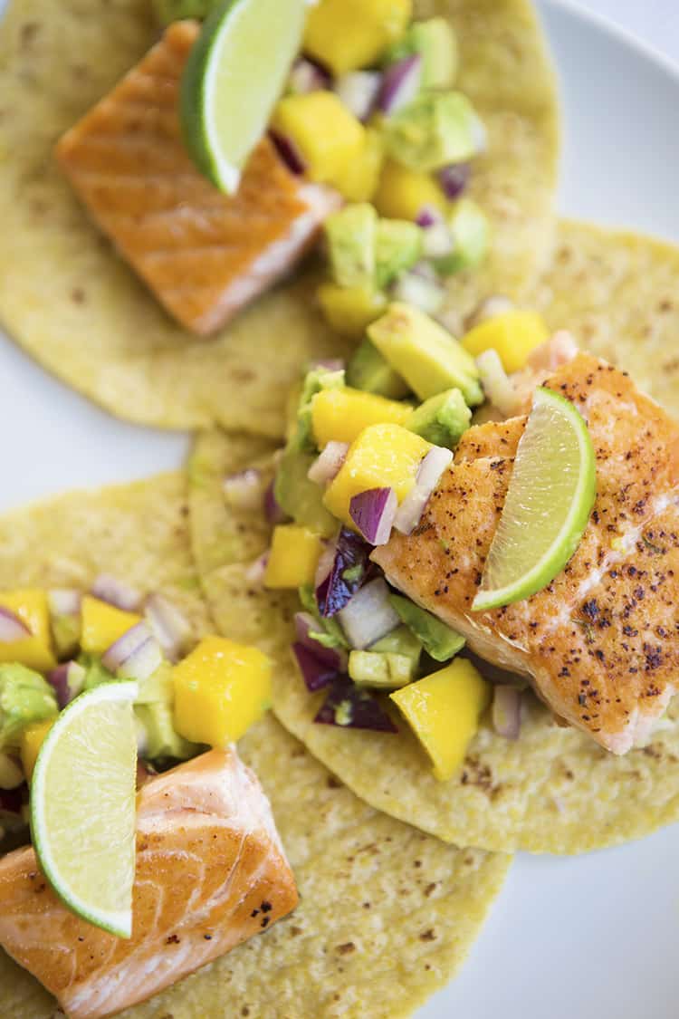 Grilled Salmon Tacos with Mango Avocado Salsa