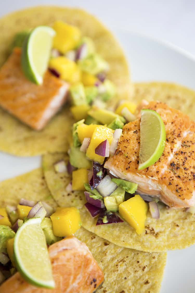 Grilled Salmon Tacos with Mango Avocado Salsa