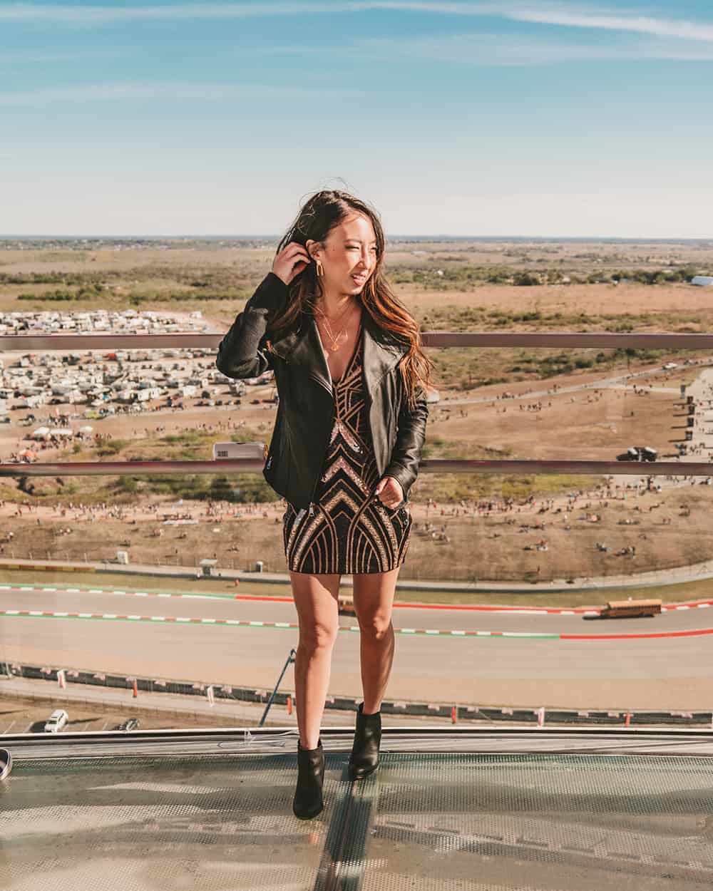 Sequin dress with black leather jacket