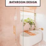 Boho Modern Bathroom Design | soaking bathtub | Kohler | herringbone pink and white rectangle tile
